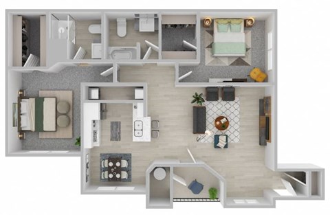 A 3D floor plan of a house showing a kitchen, living room, and two bedrooms.