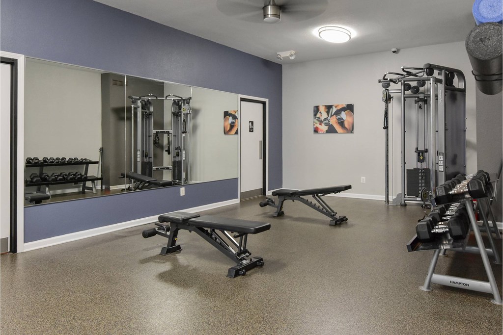 A gym with a mirror, weights, and exercise equipment.