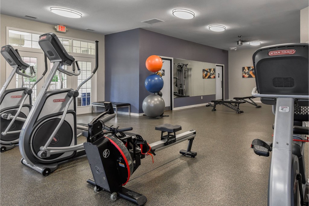 A gym with a treadmill, elliptical trainer, and exercise balls.