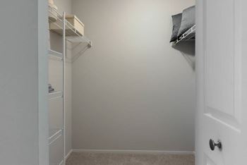 A white closet with a door and shelves.