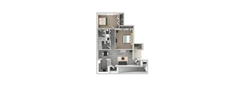 A 3D floor plan of a house with a living room, kitchen, and two bedrooms.