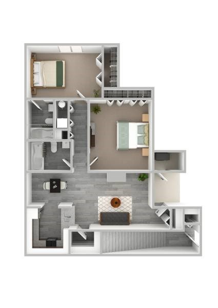 A 3D floor plan of a house with a living room, kitchen, and two bedrooms.
