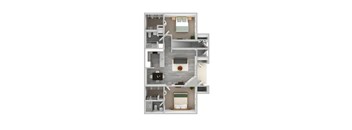 A 3D floor plan of a house with a living room, kitchen, and bedrooms.