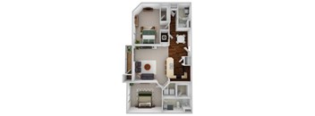 A 3D floor plan of a small apartment with a kitchen, living room, and bedroom.