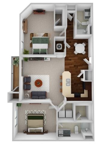 A 3D floor plan of a small apartment with a kitchen, living room, and bedroom.