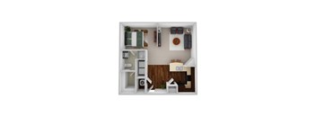 A top down view of a small apartment with a kitchen, living room, and bedroom.