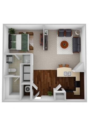 A top down view of a small apartment with a kitchen, living room, and bedroom.