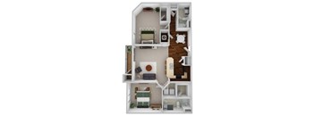 A 3D floor plan of a small apartment with a living room, kitchen, and two bedrooms.