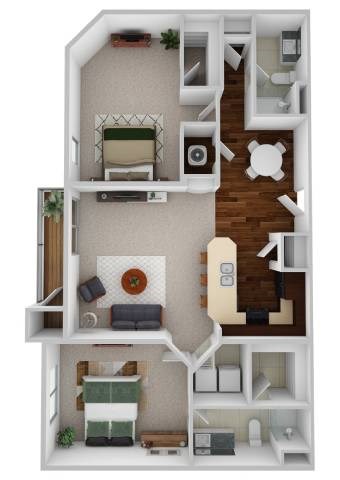 A 3D floor plan of a small apartment with a living room, kitchen, and two bedrooms.