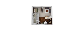 A top down view of a small apartment with a kitchen, living room, and bedroom.