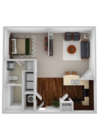 A top down view of a small apartment with a kitchen, living room, and bedroom.