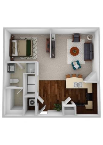 A top down view of a small apartment with a kitchen, living room, and bedroom.