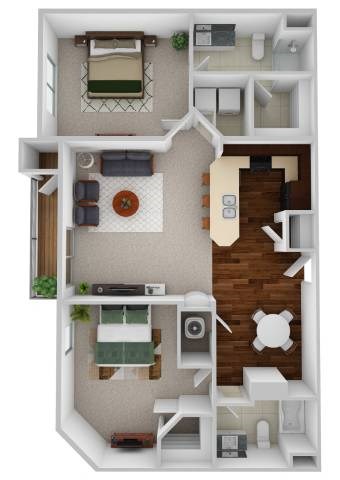 A 3D floor plan of a small apartment with a kitchen, living room, and bedroom.