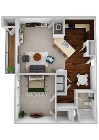 A 3D floor plan of a small apartment with a living room, kitchen, and bedroom.
