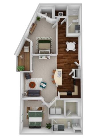 A 3D floor plan of a small apartment with a living room, kitchen, and bedroom.
