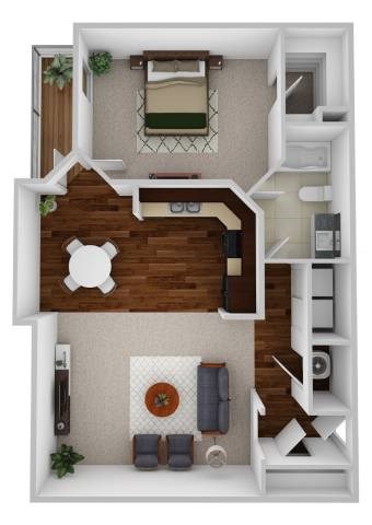 A 3D floor plan of a small apartment with a living room, kitchen, and bedroom.