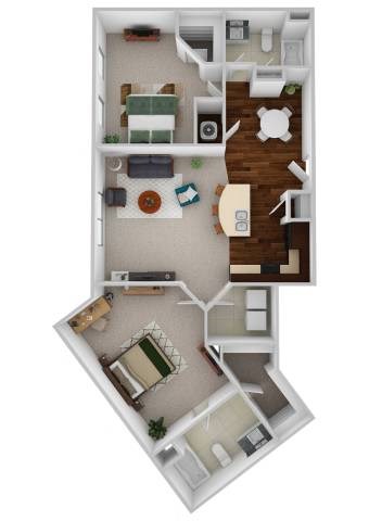 A 3D floor plan of a small apartment with a kitchen, living room, and bedroom.
