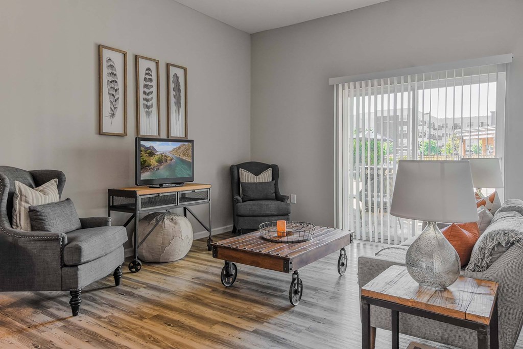 A living room with a grey couch, a coffee table, and a television.