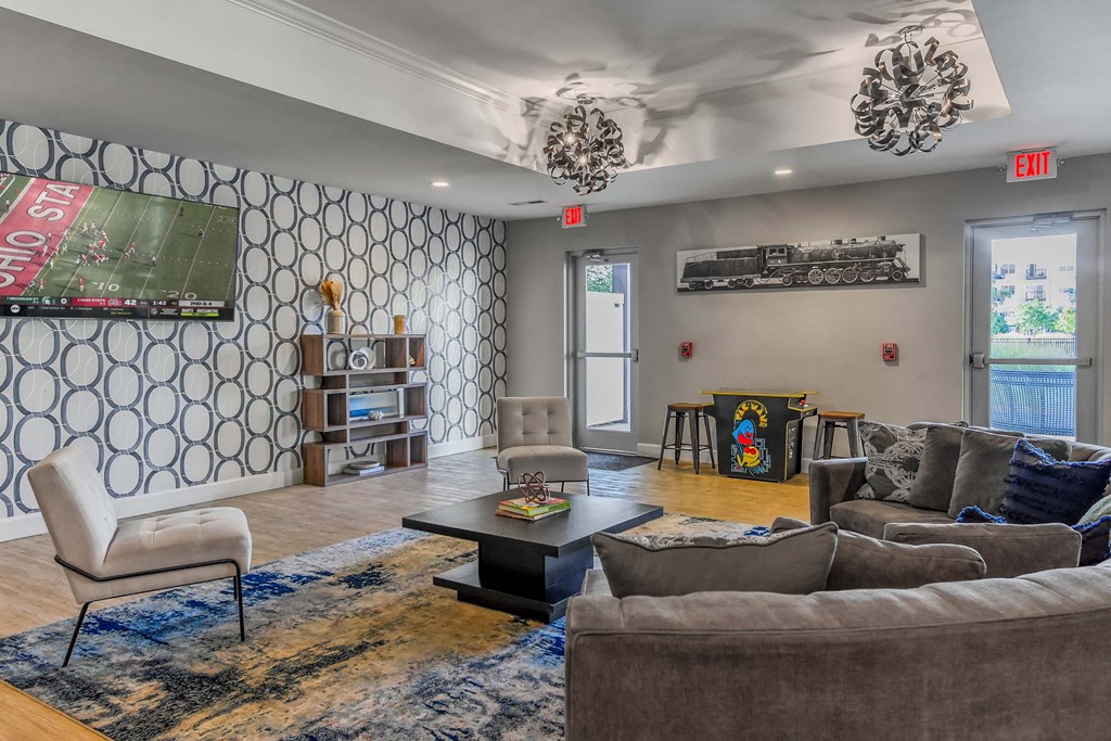 A living room with a grey couch and a blue rug.