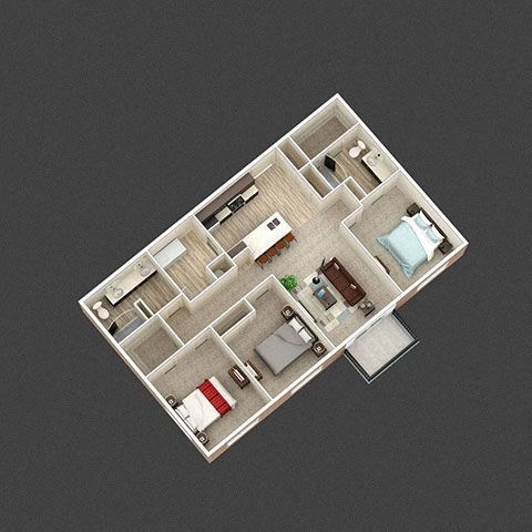 A top-down view of a house layout with a kitchen, living room, and bedrooms.