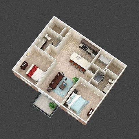 A 3D floor plan of a house with a living room, kitchen, dining room, and two bedrooms.