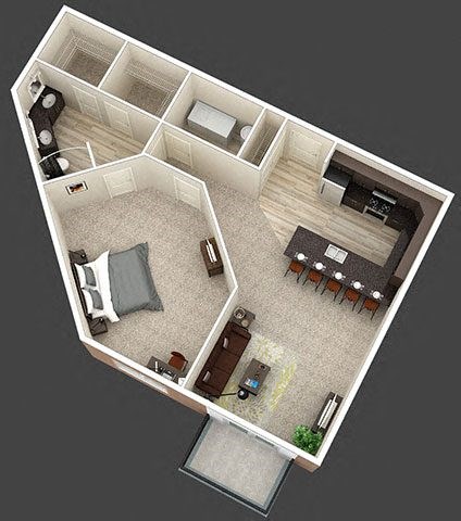A top-down view of a house interior with a living room, kitchen, and bathroom.