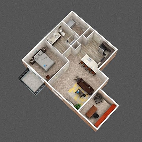 A top-down view of a house layout with a kitchen, living room, and two bedrooms.