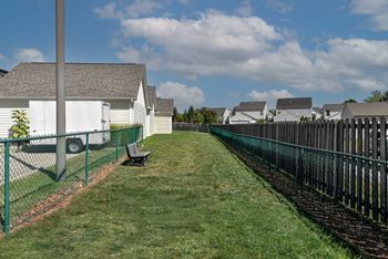 A long green fence runs down the middle of a grassy area.