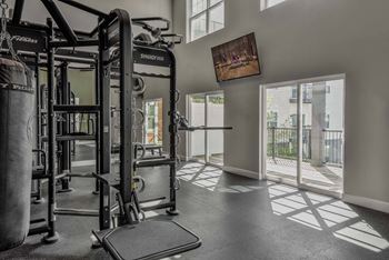 A gym with a punching bag and a Synergy 350 machine.