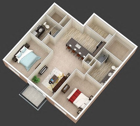 A 3D floor plan of a small apartment with a kitchen, living room, and bedroom.
