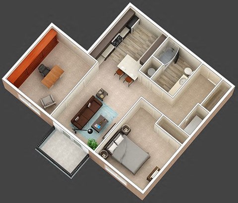 A top-down view of a house layout with a living room, kitchen, and bedrooms.