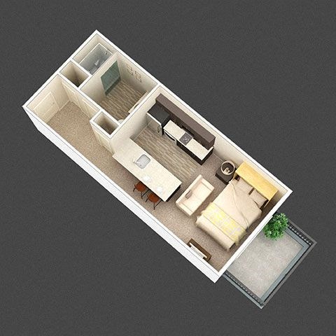 A 3D model of a house layout with a living room, kitchen, and bathroom.