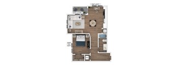 A floor plan of a two-bedroom apartment with a living room, kitchen, and bathroom.