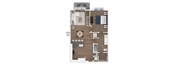 A floor plan of a small apartment with a living room, kitchen, and bathroom.