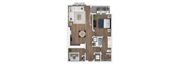 A floor plan of a two-bedroom apartment with a living room, kitchen, and bathroom.