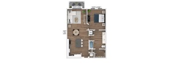 A floor plan of a two-bedroom apartment with a living room, kitchen, and bathroom.