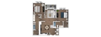 A floor plan of a two-bedroom apartment with a living room, kitchen, and bathroom.