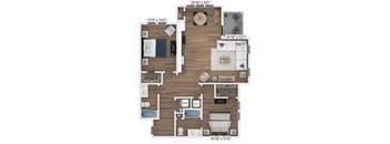 A detailed 3D floor plan of a two-bedroom apartment.