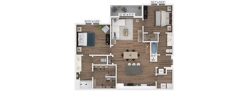A floor plan of a two-bedroom apartment with a living room, kitchen, and bathroom.