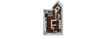 A 3D image of a house layout with a kitchen, living room, and bathroom.