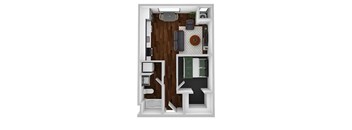 A 3D floor plan of a small apartment with a kitchen, living room, and bathroom.