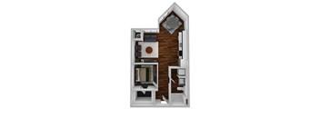 A 3D image of a small apartment with a kitchen, living room, and bedroom.