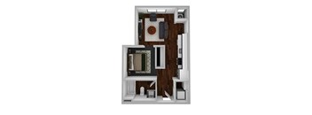A top-down view of a room with a couch, a chair, a table, and a clock.