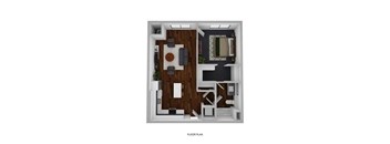 A floor plan of a small apartment with a living room, kitchen, and bathroom.