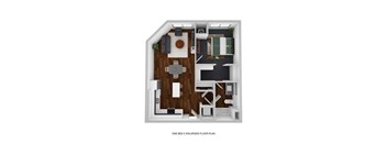 A one bedroom enlarged floor plan with a kitchen area.