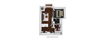 A one bedroom enlarged floor plan showing a living room, kitchen and bathroom.