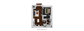 A one bedroom enlarged floor plan with a kitchen area.