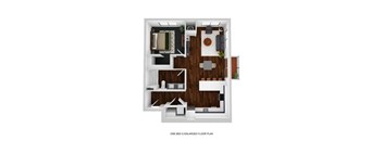 A floor plan of a one bedroom enlarged apartment.
