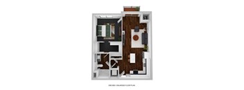 A one bedroom enlarged floor plan with a kitchen area.