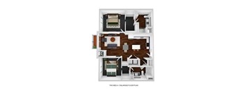 A floor plan of a two bedroom, one enlarged floor plan.